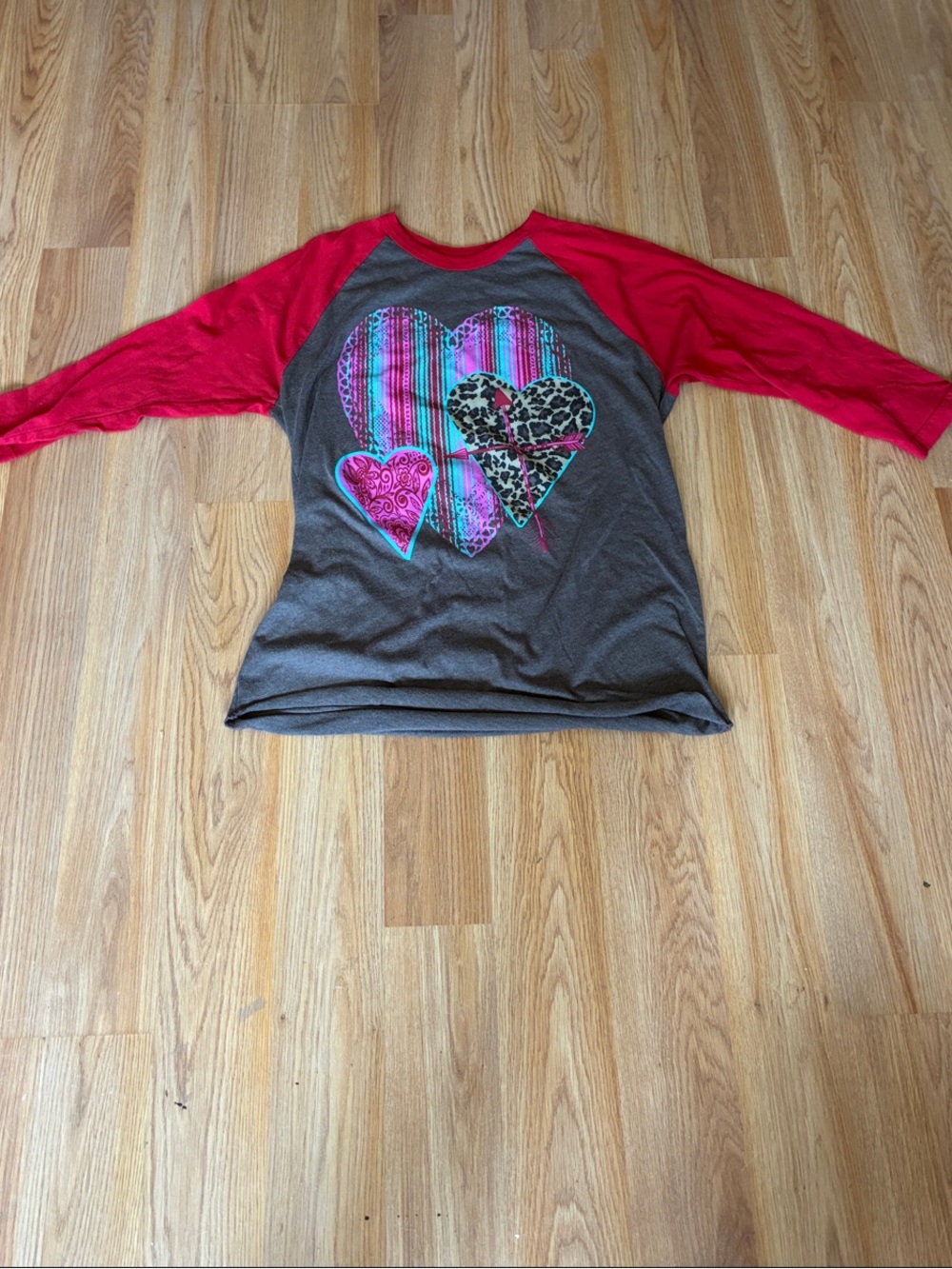 Crazy Train Red-Sleeve Raglan Tee with Colorful Heart Graphics